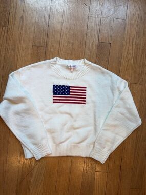 Stella Tweed White Knit Sweater with Red & Blue Flag